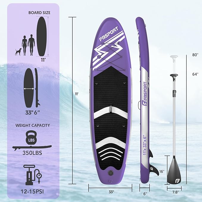 FBSPORT 11' Premium Stand Up Paddle Board, Yoga Board with Durable SUP Accessories & Carry Bag | Wide Stance, Surf Control, Non-Slip Deck, Leash, Paddle and Pump for Youth & Adult-StrideForce Fitness