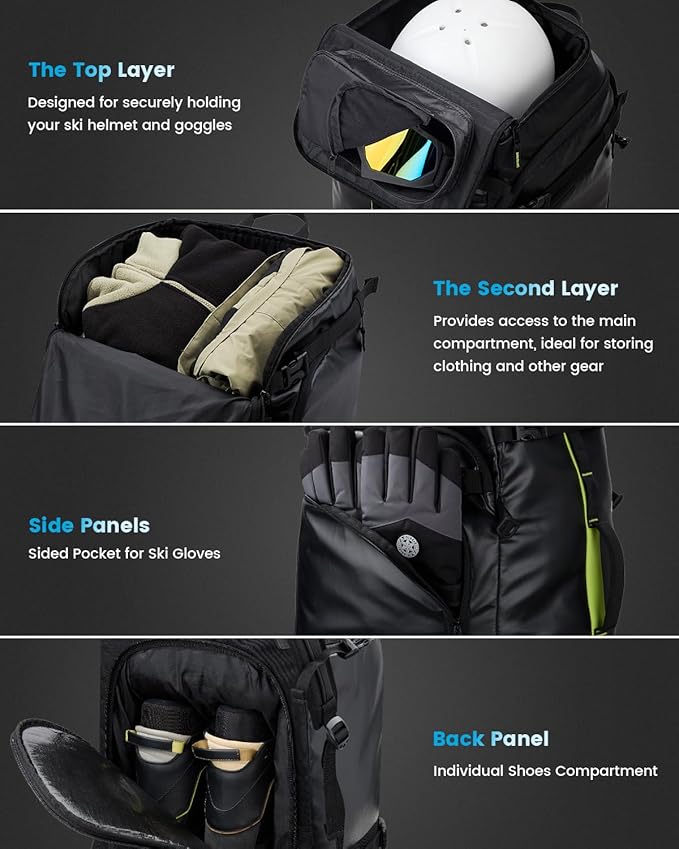 Gonex 50L Ski Boot Bag Backpack, Waterproof Snowboard Boot Backpack for Men Women, Ski Boots Bag for Travel, Ski, Snowboard, Helmet, Goggles and Outerwear Black-StrideForce Fitness