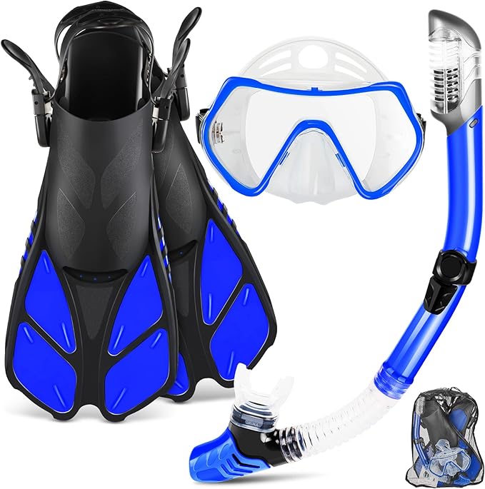 ZEEPORTE Mask Fin Snorkel Set, Travel Size Snorkeling Gear for Adults with Panoramic View Anti-Fog Mask, Trek Fins, Dry Top Snorkel and Gear Bag for Swimming Training, Snorkeling Kit Diving Packages-StrideForce Fitness