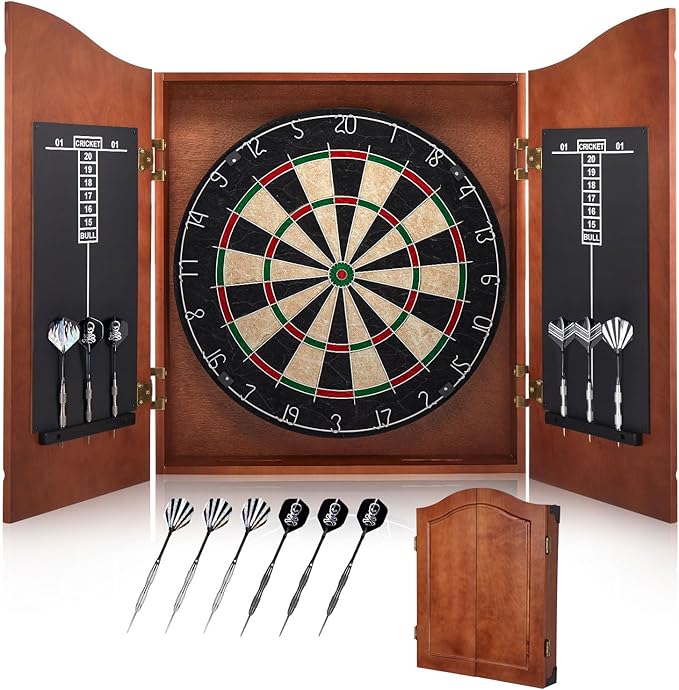 Sisal Dart Board Cabinet Sets, Decorative Dart Boards for Adults [6*Steel Darts] - Wooden Dartboard Cabinet with Integrated Scoreboard for Family Game Rooms-StrideForce Fitness