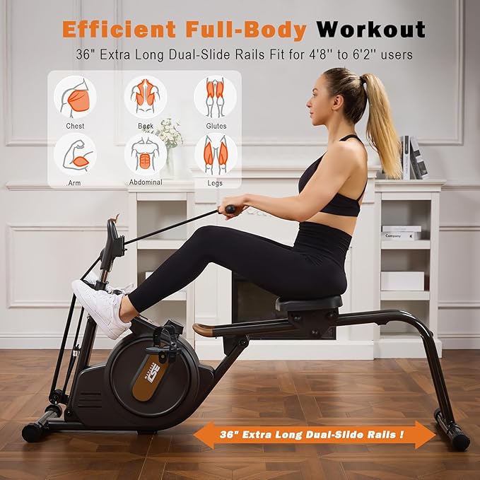 3 in 1 Rowing Machine, Dual Slide Rail 6-Level Adjustable Height with Max 350lb Weight Capacity, Home Fitness Rower for Full Body Workout, App Compatible-StrideForce Fitness