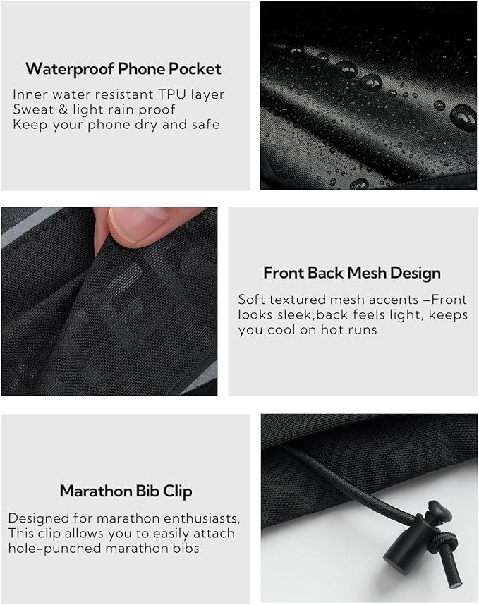 WATERFLY Running Belt Fanny Pack: Breathable 3 Pocket Waist Bag for Men Women Workout Exercise Fitness Phone Holder Fits ALL Phones - Runner Marathon Jogging Race Belt With Bib Clip Black-StrideForce Fitness