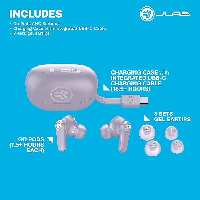 JLab Go Pods ANC True Wireless Bluetooth Earbuds & Charging Case, Hybrid Active Noise canceling + Be Aware for Safe Listening, 26+ Hours Total Playtime, Clear Calls, Custom Sound via App, Lilac-StrideForce Fitness