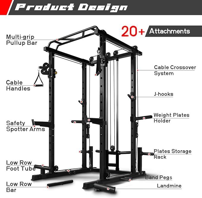 RitFit Multi-Function Squat Rack Power Cage PPC03 with Cable Crossover System, 1000LBS Capacity Power Rack and Packages with Optional Weight Bench, Barbell Weight Set, for Garage Workout & Home Gym-StrideForce Fitness