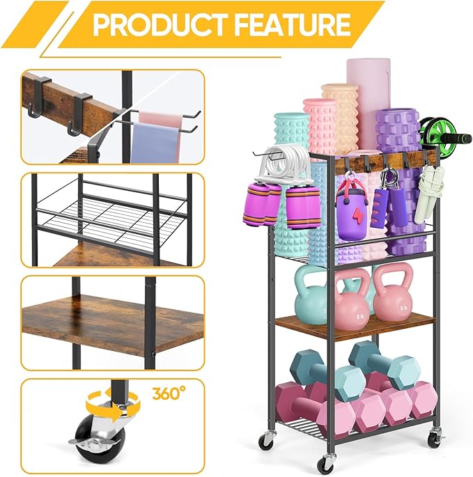 Home Gym Storage Rack, Heavy Duty Yoga Mat Holder Workout Equipment Storage Organizer Weight Rack with Hooks & Wheels for Dumbbells Kettlebells Dumbbell Yoga Block Foam Rollers Yoga Strap Resistance Bands, Fitness Exercise Equipment-StrideForce Fitness