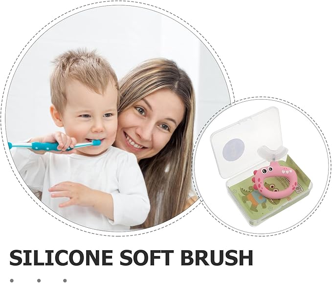 U Shaped Kids Toothbrush for Oral Care - 360° Rotating Silicone Head - Manual Self Brushing Toothbrush - Dinosaur Fun Brush for Ages 0-3 Kids Pink