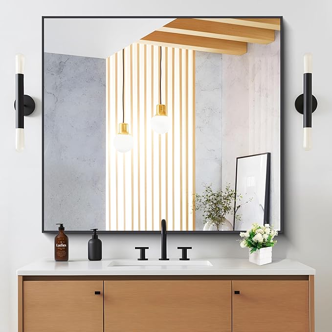 Black Bathroom Mirror for Wall, 36x40 Inch Rectangle Mirrors with Metal Frame, Modern Vanity Wall Mirror Decor for Entryway Hangs, Bathroom Living Room Horizontal or Vertical-StrideForce Fitness