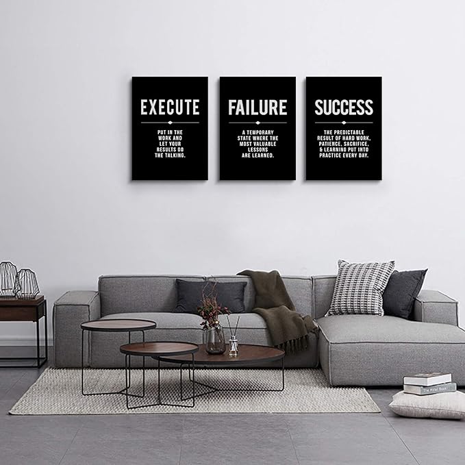 Framed Canvas Wall Art Success Quote For Office, Black Large Positive Motivational Poster, Set of 3, Execute Failure Definition, Inspirational Print (A-3pcs,12x16inchx3pcs)-StrideForce Fitness