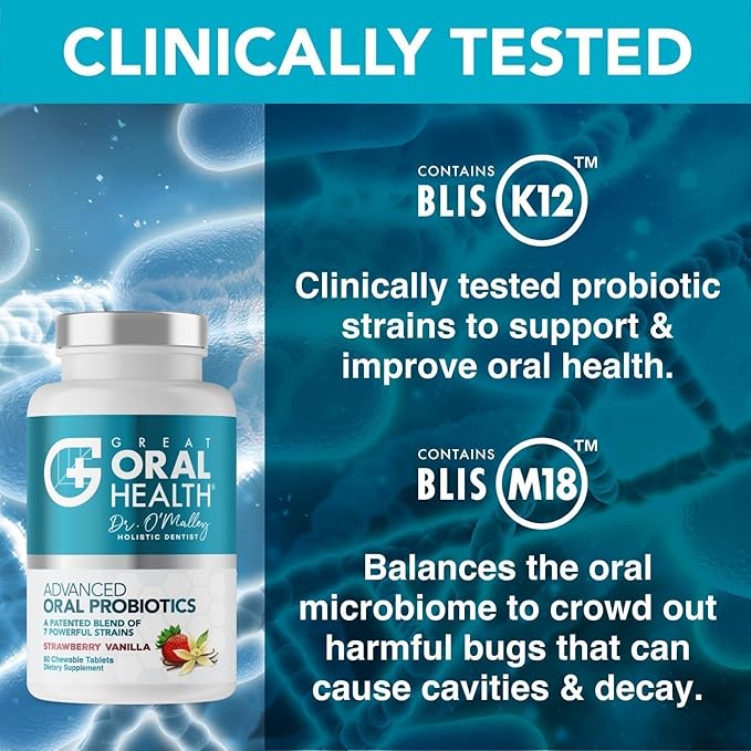 Oral Probiotics for Mouth Bad Breath Treatment for Adults; Dentist Formulated Dental Probiotics for Teeth and Gums, Chronic Halitosis with BLIS K12 M18, Chewable Oral Health Tablets Strawberry Vanilla