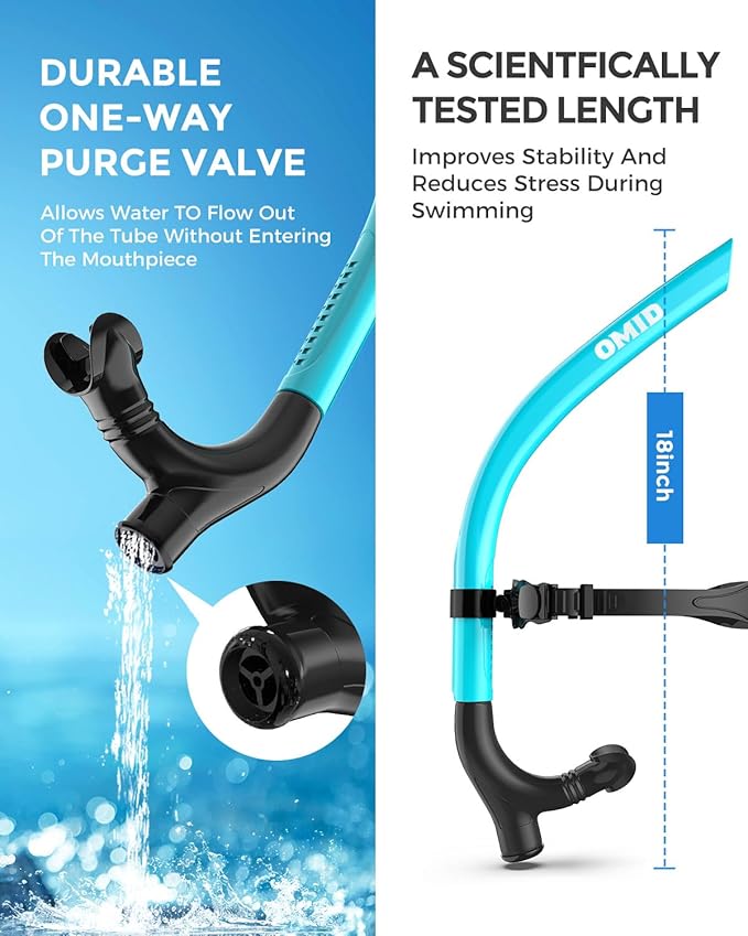 OMID SN1 Snorkel for Adult Youth, Diving Snorkel with One-Way Purge Valve, Food-Grade Silicone Mouthpiece-StrideForce Fitness