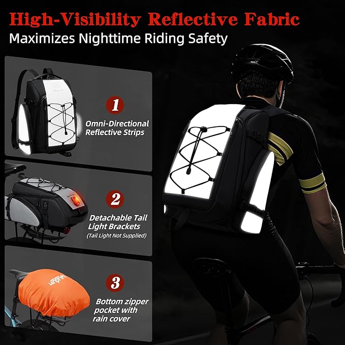 19L Reflective Bike Rack Bag Water Resistant Cycling Pannier Saddle Shoulder Bag with Rain Cover 4-in-1 Versatile Bag Accessories for Travel Commuting Shopping Outdoor Cycling Night-Riding Fitness-StrideForce Fitness
