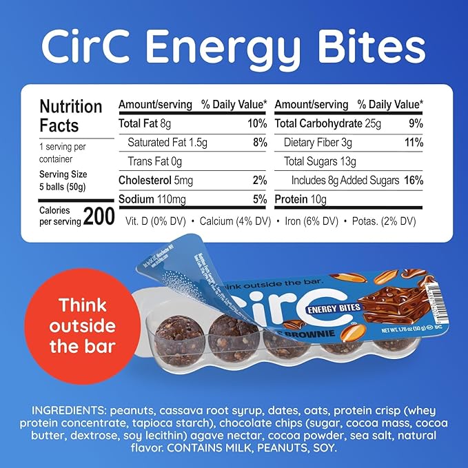 CirC Energy Bites - 12 Pack Chocolate Brownie Gluten Free Protein Balls - 10g Protein, Whole Grains, Nuts & Fruit - Portable Healthy Snacks for Adults & Kids, 5 Piece Resealable Packs-StrideForce Fitness