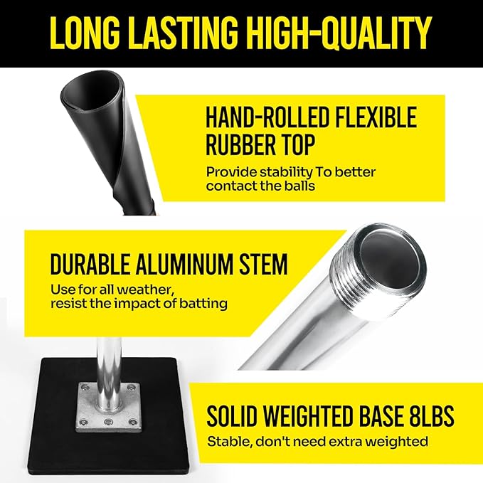 Baseball Batting Tee - Professional Hitting Tee for Baseball/Softball with Weighted Base,Flexible Rubber Top, Premium Aluminum Baseball Tee, Easy Adjust Height 24-46 inches For Kids or Adults-StrideForce Fitness