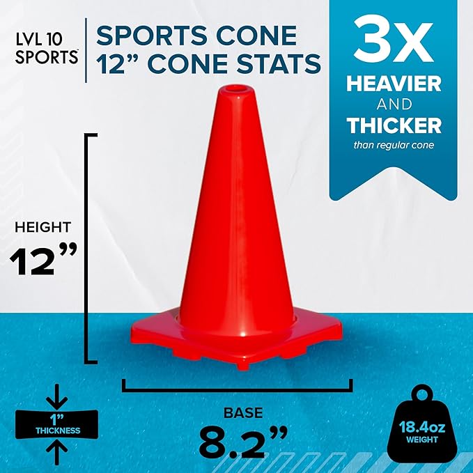LVL10 Pro Training Cones - 12" Large Soccer Cones for Sports Training - for Basketball, Football, Basketball and Agility Drills - Soccer Field Markers That Won't Crack, Slide or Fly-StrideForce Fitness