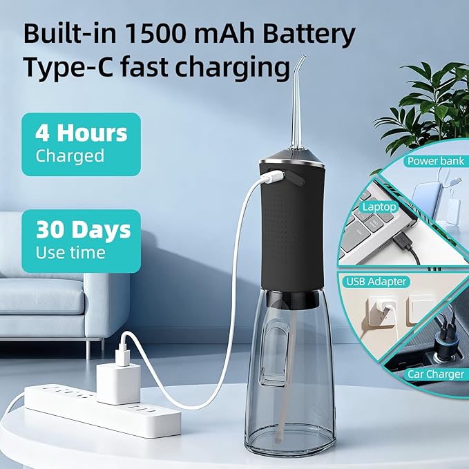 Water Dental Flosser for Teeth Pick, Cordless 360ML Tank 5 Jet Tips Electric Flosser, Rechargeable 4 Mode IPX7 Oral Irrigator for Implants, Brace & Sensitive Teeth Care, Home & Travel Use