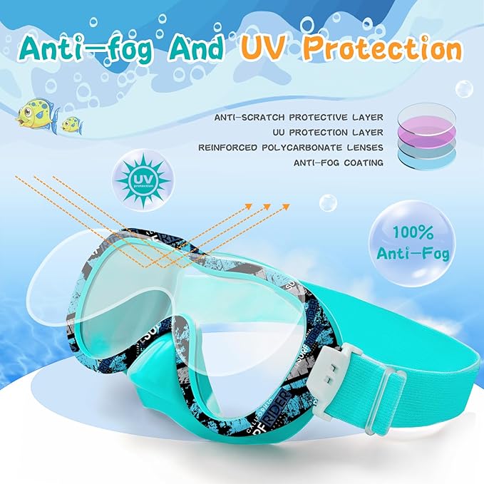 Kids Swim Goggles with Nose Cover, 180° Panoramic Snorkel Mask with Anti-Fog & Anti-Leak Design, Comfort Fabric Strap UV Protection Lens for Boys Girls Ages 3-15-StrideForce Fitness