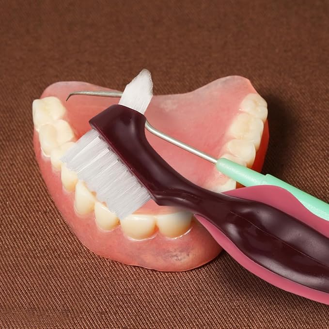 OUNONA Dual Head Denture Toothbrush for False Teeth Hard Bristle Oral Appliance Cleaner with Non-Slip Comfortable Grip 2-Pack Travel-Friendly Dentures Cleaning Brush for Seniors