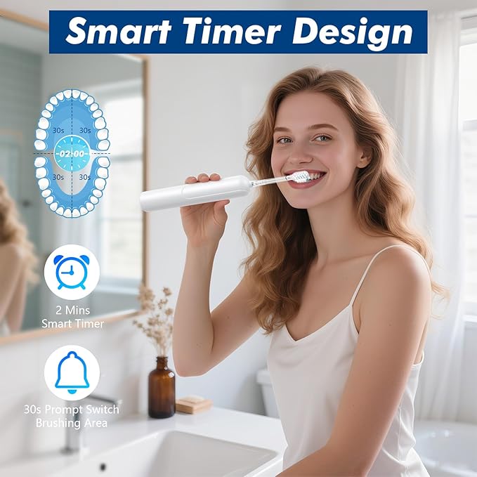 Sonic Electric Toothbrush for Adults with 6 Replacement Brush Heads and 4 Cleaning Modes, Rechargeable Toothbrush, Smart Timer, LCD Display, 4-Hour Fast Charge, IPX7 Waterproof, Travel-Friendly White