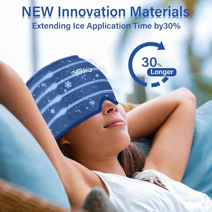 iTHERAU Migraine Relief Cap，Migraine Ice Head Wrap，Headache Ice Hat，Cold Therapy Headache Relief Cap for Migraine Eyes Mask Dark Blue Headache Ice Pack Stress Relief-StrideForce Fitness
