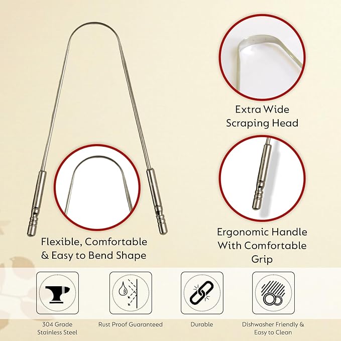 Nature's Own Tongue Scraper for Adults & Kids, Stainless Steel Tongue Cleaner for Fresh Breath, Remove Buildup, Oral Care Tool, Tongue Scrubber for Hygiene, Ayurvedic Tongue Cleaning Kit (Pack of 2)