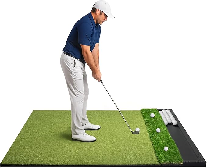 Golf Hitting Mat with Ball Tray 5x4ft - 6x4ft Dual-Turf Practice Mat for Indoor & Outdoor Use Golf Training Mat with Rubber Tee Holes, Suitable for Swing Driving & Chipping-StrideForce Fitness