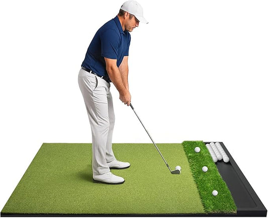 Golf Hitting Mat with Ball Tray 5x4ft - 6x4ft Dual-Turf Practice Mat for Indoor & Outdoor Use Golf Training Mat with Rubber Tee Holes, Suitable for Swing Driving & Chipping-StrideForce Fitness