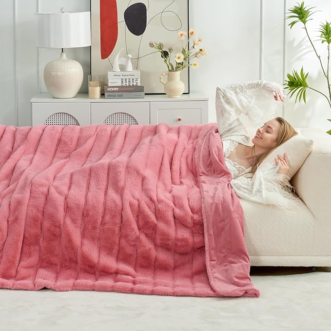Cozy Bliss Faux Fur Throw Blanket for Couch, Cozy Warm Plush Striped Blanket for Sofa Bedroom Living Room, 90 * 90 Inches Hot Pink-StrideForce Fitness