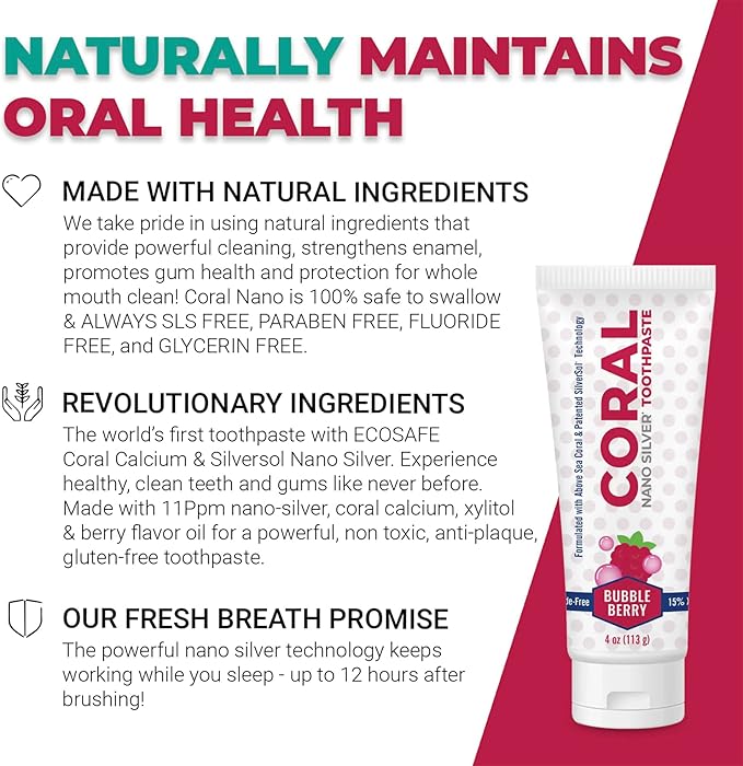 Coral White Kids Toothpaste - Bubble Berry Fluoride Free with Nano Silver & Coral Calcium | 4oz