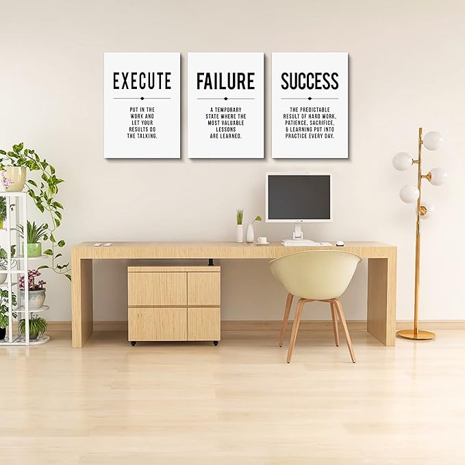 Inspirational Print - Framed Canvas Wall Art Success Quote, Office Wall Art, gift for boss, Positive Motivational Prints, Execute Failure Success Poster (D-3pcs,12x16inchx3pcs)-StrideForce Fitness