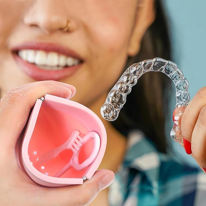 Silicone Retainer Denture Storage Case Holder, Portable Slim Dental Container Cleaning Box with Drain Holes and Leakproof for Aligners, Mouth Guards, Night Guards, Removable Dental Appliances (Pink)