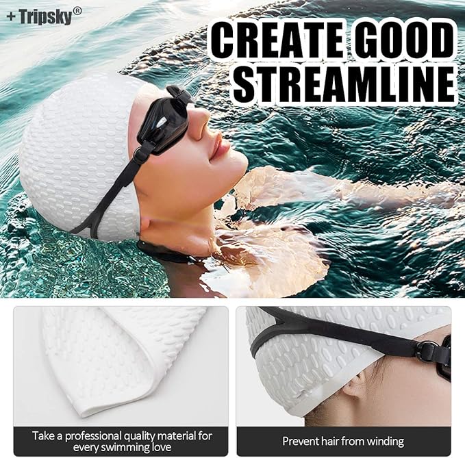 Tripsky Silicone Swim Cap,Comfortable Bathing Cap Ideal for Curly Short Medium Long Hair, Swimming Cap for Women and Men, Shower Caps Keep Hairstyle Unchanged…-StrideForce Fitness