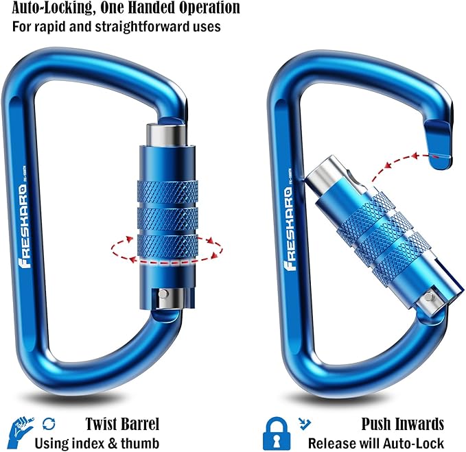 FresKaro 3inch 12kN-2698lbs Auto Locking Carabiner Clips, Solid D Shape, Heavy Duty 7075 Aluminum, Lightweight 1.09oz, Rust Proof, for Hammock, Hiking, Dog Leash, Keychain etc., Multi-Colors-StrideForce Fitness