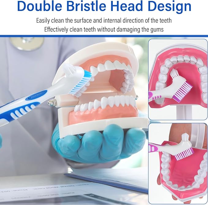 Mimorou 12 Pcs Denture Brush for False Teeth Double Sided Denture Toothbrushe with Soft Bristle, Ergonomic Anti Slip Handle Teeth Cleaner Brush for Adult(Blue, Green, Purple, Orange,Non Slip Grip)