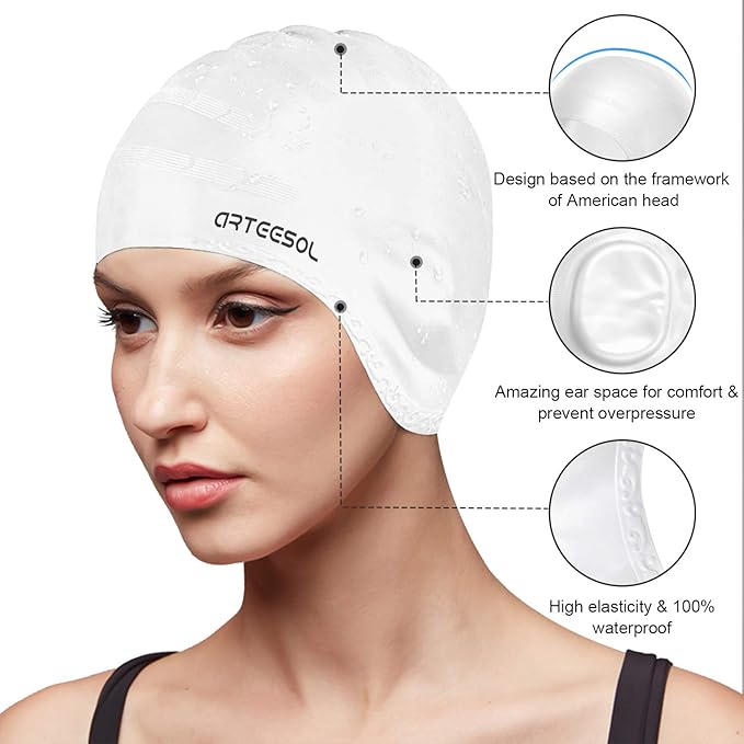 Swimming Cap, Silicone Swim Cap for Women Men, Durable Non-Slip Waterproof Swim Cap Protect Ears, Long Hair for Adults, Older Kids-StrideForce Fitness