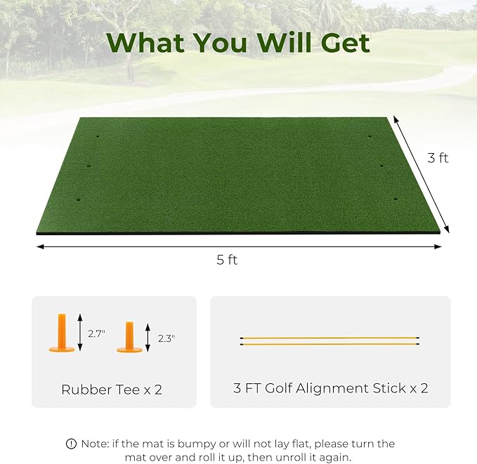 Tangkula Golf Hitting Mat, Artificial Turf Mat for Indoor/Outdoor Golf Practice Includes 2 Rubber Tees & 2 Alignment Sticks, Golf Training Mat for Home Backyard Garage-StrideForce Fitness