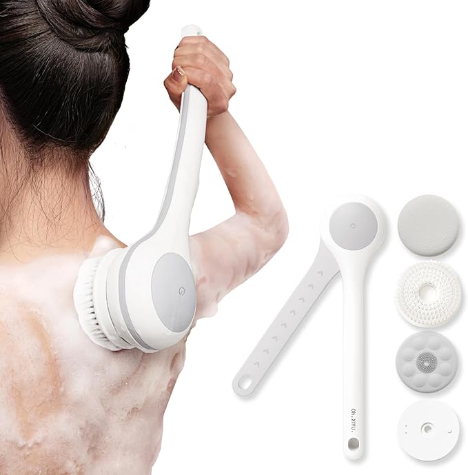 Electric Body Brush Back Scrubber for Shower, Waterproof Long Dual Handle Power Body Scrubber with 3 Heads, Rechargeable Bath Brush & 2 Speeds, for Cleansing, Exfoliating and Massaging Skin-StrideForce Fitness