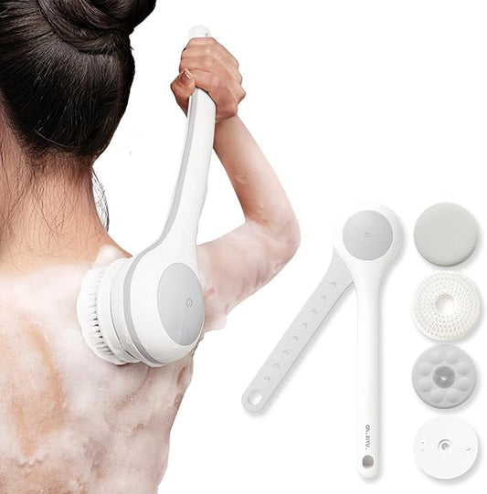 Electric Body Brush Back Scrubber for Shower, Waterproof Long Dual Handle Power Body Scrubber with 3 Heads, Rechargeable Bath Brush & 2 Speeds, for Cleansing, Exfoliating and Massaging Skin-StrideForce Fitness