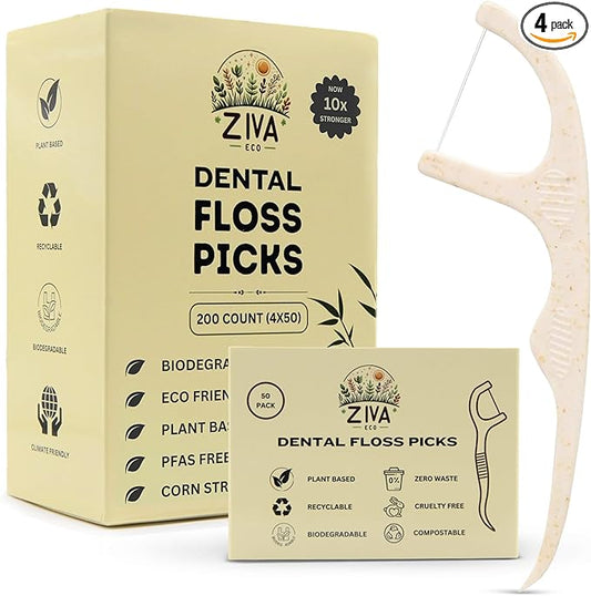 Biodegradable Dental Floss Picks for Teeth, 200 Count, Corn Straw Floss Picks, PFAS Free. Unflavored Flossers, Plant Based, Shred Resistant Floss for Adults & Kids