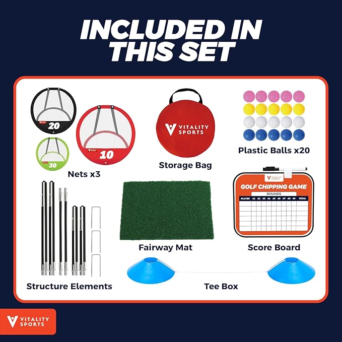 Vitality Sports Golf Chipping Net, 3PCS Pop-Up Golf Practice Net for Backyard, Indoor Outdoor Chipping Game with 3 Targets, 1 Hitting Mat, 20 Balls, Tee Box, Golf Gift for Men-StrideForce Fitness