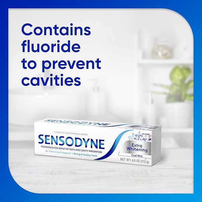 Sensodyne Extra Whitening Toothpaste - Sensitive Teeth & Cavity Prevention | Cool Mint 4oz 4-Pack