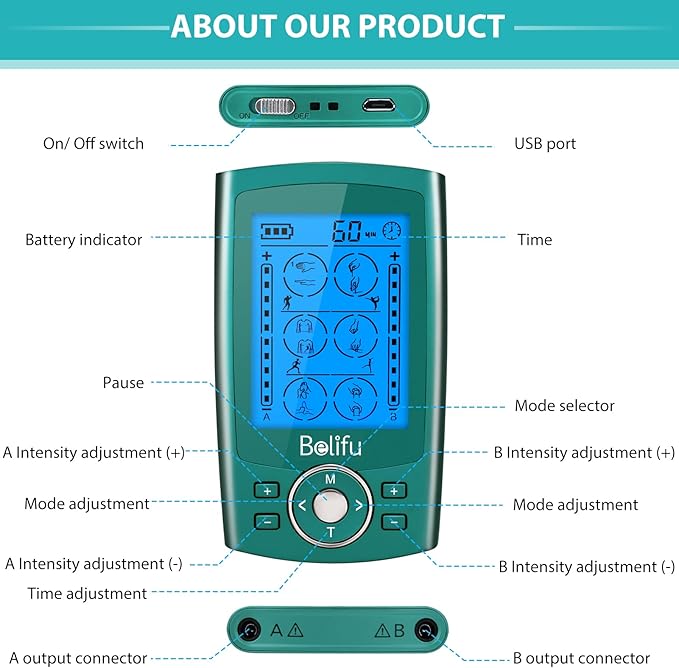 Belifu Dual Channel TENS EMS Unit 24 Modes Muscle Stimulator for Pain Relief Therapy, Electronic Pulse Massager Muscle Massager with 10 Pads, Dust-Proof Drawstring Storage Bag, Fastening Cable Ties