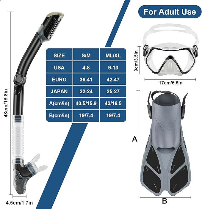 ZEEPORTE Mask Fin Snorkel Set, Travel Size Snorkeling Gear for Adults with Panoramic View Anti-Fog Mask, Trek Fins, Dry Top Snorkel and Gear Bag for Swimming Training, Snorkeling Kit Diving Packages-StrideForce Fitness