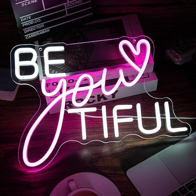 Be Your Tiful Neon Sign Dimmable Letter Neon Signs White Pink Wall Decorative Lights Powered USB with Switch for Bedroom Kid Room Shop Apartment Birthday Party Wedding （15.7’’X11.8’’）-StrideForce Fitness