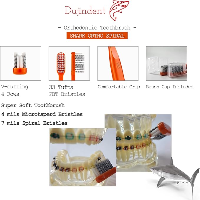 Orthodontic Toothbrush for Braces [6 Packs][Made in Korea] V Trim Cutting Tapered Gentle Bristles Braces Toothbrush for Brackets and Wires Cleaning (Shark Ortho Spiral, 6 Pack)