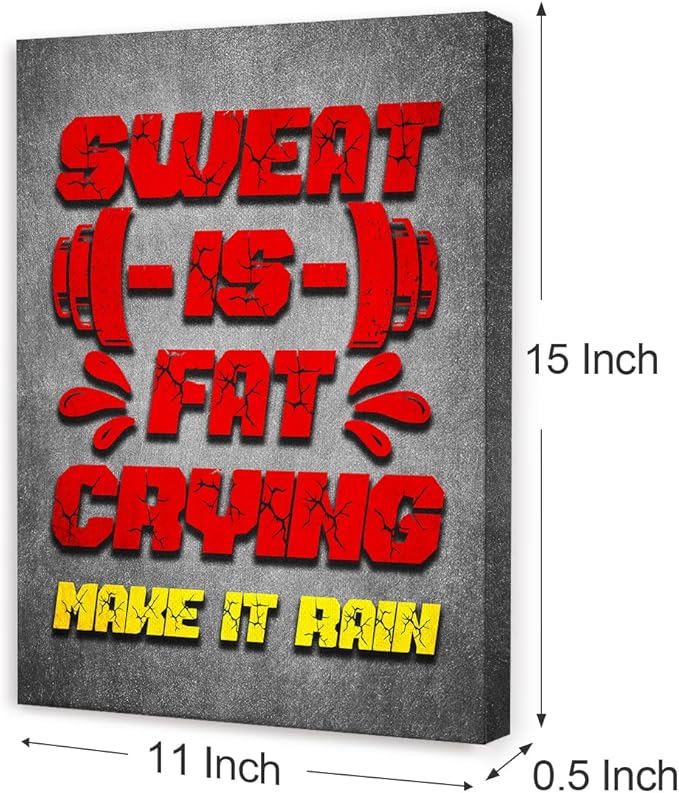 Gym Quotes Wall Art,Inspirational Workout Wall Decor,Sweat is Fat Crying Canvas Wall Art for Home Gym Exercise Fitness Room-StrideForce Fitness