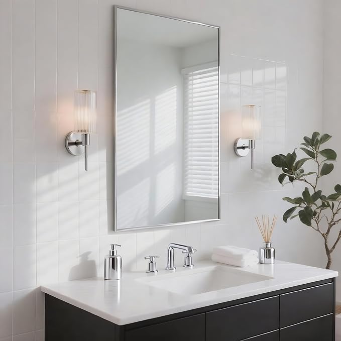 20x36 Inch Nickel Bathroom Mirror for Wall, Aluminum Frame Rectangle Rectangular Vanity Mirror, Modern Large for Bedroom, Living Room, Horizontal or Vertical-StrideForce Fitness