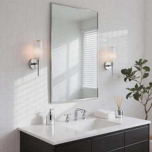 20x36 Inch Nickel Bathroom Mirror for Wall, Aluminum Frame Rectangle Rectangular Vanity Mirror, Modern Large for Bedroom, Living Room, Horizontal or Vertical-StrideForce Fitness