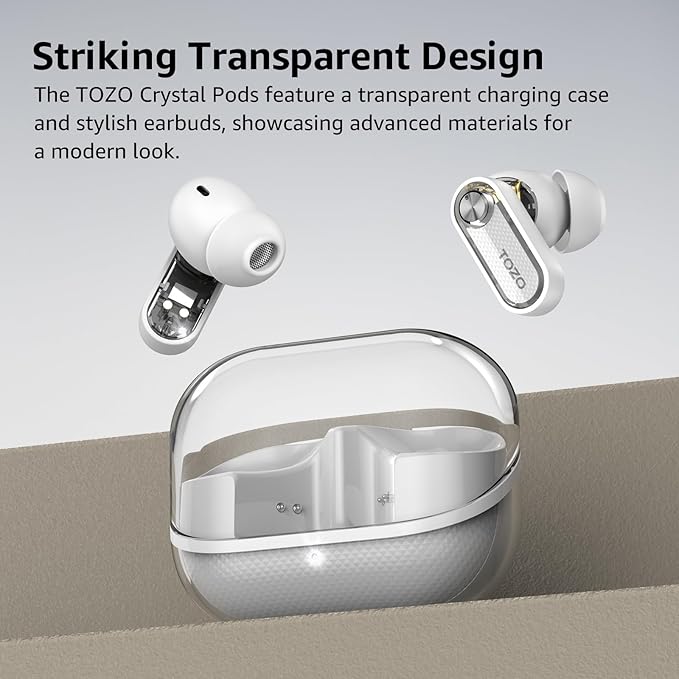 TOZO Crystal Pods Hybrid Active Noise Cancelling Wireless Earbuds, 10mm Drivers Deep Bass Stereo Sound, 4 Mics Smart ENC AI Calls, 32 EQ via App, Bluetooth 5.4 Headphones, Crystal Case Design-StrideForce Fitness