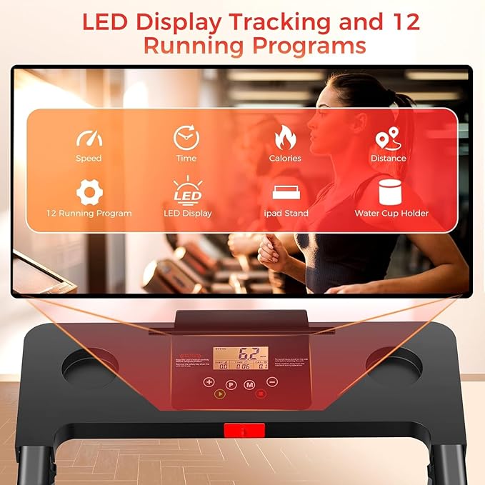 Treadmill with Handles, Portable Small Treadmills for Home and Office, 3.0HP Folding Walking Pad with 300 lbs Capacity, Cup Holder, LED Display and 12 Preset Programs-StrideForce Fitness