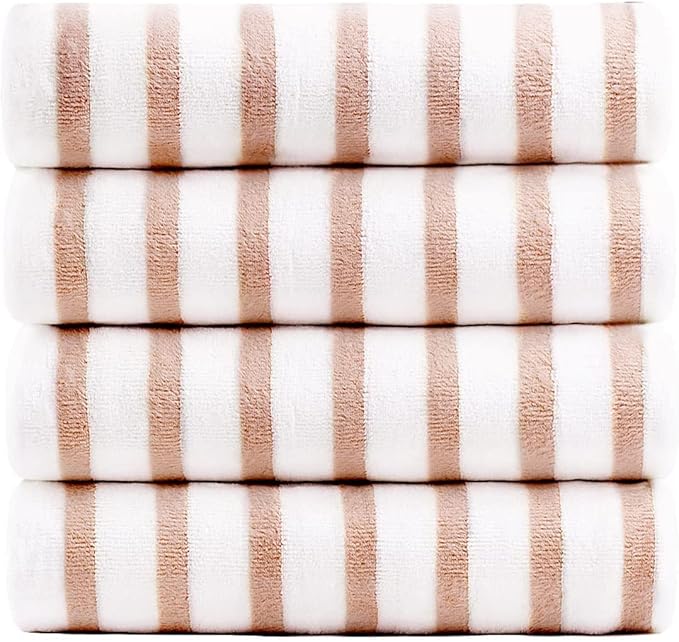 JML Microfiber Towels, Bath Towel Sets (4 Pack, 27" x 55") - Extra Large, Soft, Absorbent, Fast Drying, Multipurpose for Hair Wrap, Swimming, Fitness, Sports, Yoga -Stripe Coffee-StrideForce Fitness